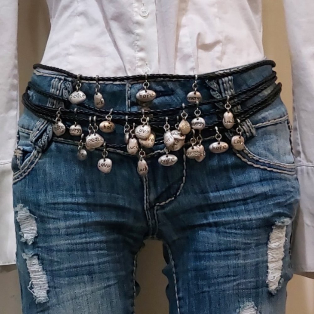 💋 BOHO CHIC💋 Vintage Long Multi Strand Silver Charms Black Braided Belt